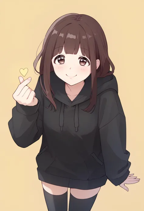 score_9, score_8_up, score_7_up, BREAK, solo, nanase kurumi \(menhera-chan\), brown hair, black hoodie, <lora:NanaseKurumi_Menhera-chan_XLPD:1>, <lora:finger_heart_korean:1> finger heart, smile, black thighhighs,