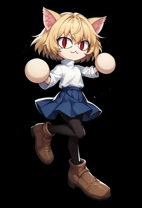 score_9, score_8_up, score_7_up, score_6_up, score_5_up, score_4_up, rating_safe,source_anime,ncrender,simple background,black background,necoarc,blonde hair, red eyes, slit pupils, cat ears, :3, chibi,turtleneck, white shirt, blue skirt, pleated skirt, pantyhose, brown footwear,dynamic pose