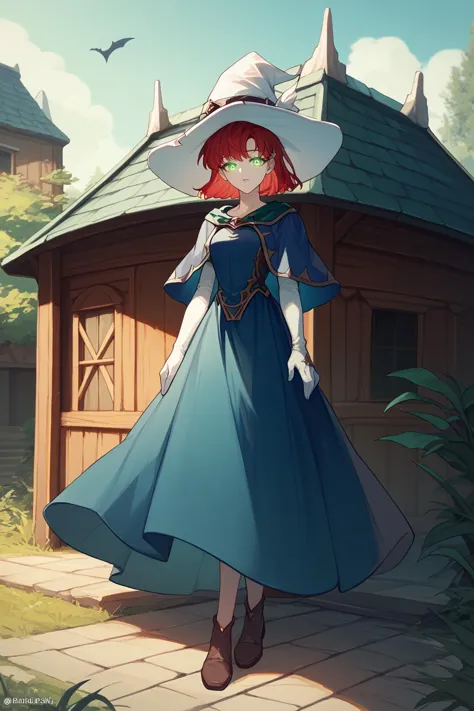 score_9, score_8_up, score_7_up, BREAK <lora:NSPriscillaFE7:1> 1girl, solo, NSPriscillaFE7, red hair, green eyes, short hair, witch hat, white hat, blue robe, looking at the viewer, glowing eyes, witch hut, outdoors, building, white gloves