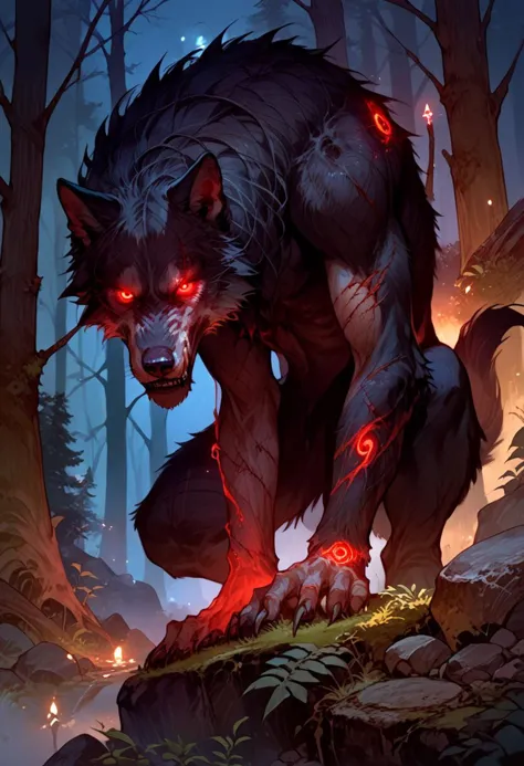 score_9, score_8_up, score_7_up, source_anime, solo, looking at the viewer, ( Giant wolf, wounds, glowing red eyes,  black fur, tail), scary, simple background, (detailed image, high resolution, 5k resolution:1.0),  (forest, rocks, plants, night, dark)