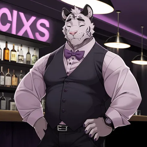 <lora:Axel-09:1>, axel cosmas, solo, looking at viewer, shirt, 1boy, bow, male focus, collared shirt, belt, pants, bowtie, vest, hand on hip, black bow, black pants, black background, pink shirt, watch, purple bow, black vest, black bowtie, purple shirt, wristwatch, purple bowtie, pink vest, closed eyes, bar, nightclub,