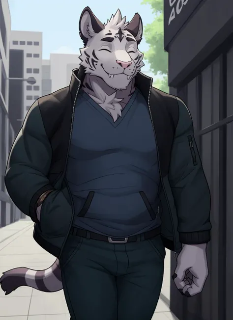 <lora:Axel-09:1>, axel cosmas, solo, looking at viewer, closed eyes, shirt, 1boy, jacket, male focus, pants, plump, tail