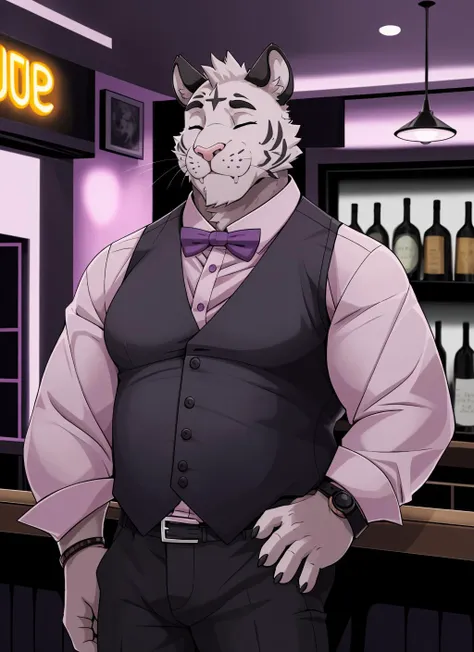 <lora:Axel-09:1>, axel cosmas, solo, looking at viewer, shirt, 1boy, bow, male focus, collared shirt, belt, pants, bowtie, vest, hand on hip, black bow, black pants, black background, pink shirt, watch, purple bow, black vest, black bowtie, purple shirt, wristwatch, purple bowtie, pink vest, closed eyes, bar, nightclub, whiskers,