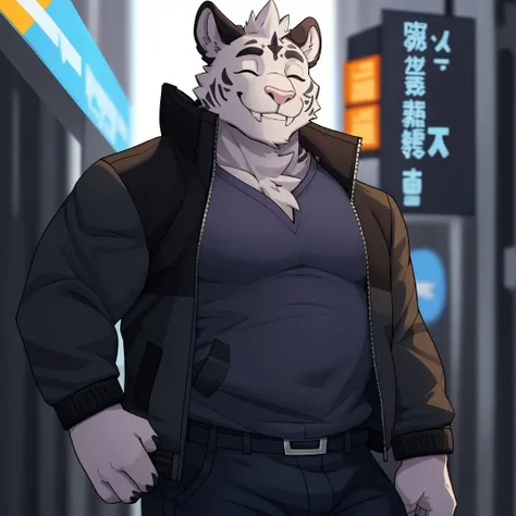 <lora:Axel-09:1>, axel cosmas, solo, looking at viewer, closed eyes, shirt, 1boy, jacket, male focus, pants, plump, smile