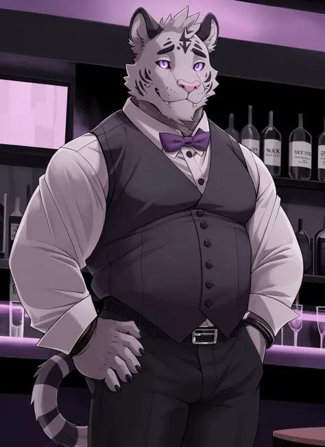 <lora:Axel-09:1>, axel cosmas, solo, looking at viewer, shirt, 1boy, bow, male focus, collared shirt, belt, pants, bowtie, vest, hand on hip, black bow, black pants, black background, pink shirt, watch, purple bow, black vest, black bowtie, purple shirt, wristwatch, purple bowtie, pink vest, (black sclera), bar, nightclub,