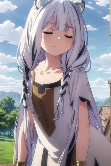 shieldatla, <lora:shield atla s3-lora-nochekaiser:1>,
atla, long hair, bangs, animal ears, very long hair, (closed eyes:1.5), braid, white hair, multicolored hair, twin braids, smile,
BREAK dress, collarbone, white dress, green dress, multicolored dress,
BREAK outdoors, forest, nature, sun, sky, clouds, grass, trees,
BREAK looking at viewer, (cowboy shot:1.5),
BREAK <lyco:GoodHands-beta2:1>, (masterpiece:1.2), best quality, high resolution, unity 8k wallpaper, (illustration:0.8), (beautiful detailed eyes:1.6), extremely detailed face, perfect lighting, extremely detailed CG, (perfect hands, perfect anatomy),