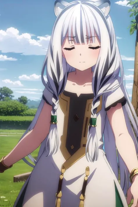 shieldatla, <lora:shield atla s3-lora-nochekaiser:1>,
atla, long hair, bangs, animal ears, very long hair, (closed eyes:1.5), braid, white hair, multicolored hair, twin braids, smile,
BREAK dress, collarbone, white dress, green dress, multicolored dress,
BREAK outdoors, forest, nature, sun, sky, clouds, grass, trees,
BREAK looking at viewer, (cowboy shot:1.5),
BREAK <lyco:GoodHands-beta2:1>, (masterpiece:1.2), best quality, high resolution, unity 8k wallpaper, (illustration:0.8), (beautiful detailed eyes:1.6), extremely detailed face, perfect lighting, extremely detailed CG, (perfect hands, perfect anatomy),