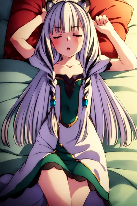 (masterpiece), (best quality), (ultra-detailed), photorealistic, (best illustration), (an extremely delicate and beautiful), 1girl, 1boy, atla, long hair, hime cut, bangs, animal ears, (closed eyes:1.5), braid, white hair, multicolored hair, (twin braids), collarbone, (green dress), ((multicolored dress)), on back, on bed, pillow, sleeping, from above, depth of field, <lora:shield atla s3-lora-nochekaiser:1:lbw=ALL> standing, arms up, expressionless, ((dutch angle)) <lora:sanDka2:0.6>, :o, short sleeves, thighs,