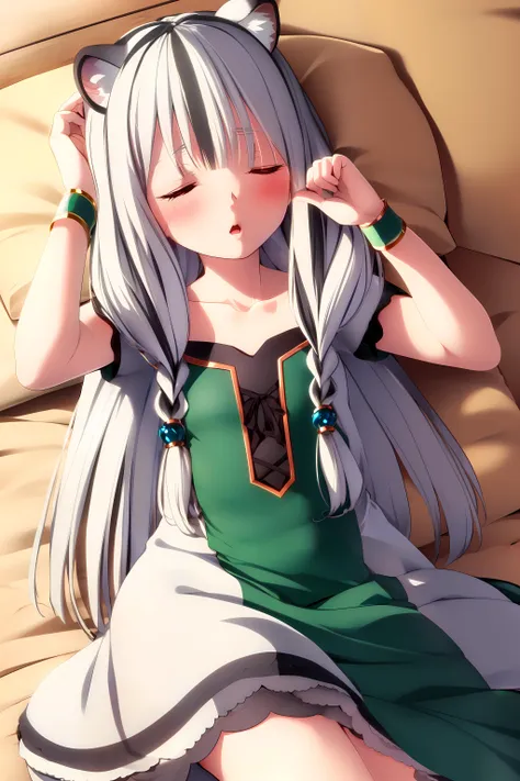 (masterpiece), (best quality), (ultra-detailed), photorealistic, (best illustration), (an extremely delicate and beautiful), 1girl, white hair, striped hair, multicolored hair, sleeping, calm, peaceful, relaxed, white dress, hands up, pillow, on back, on bed, long hair, <lora:shield atla s3-lora-nochekaiser:1:lbw=OUTD> <lora:sanDka2:0.4>