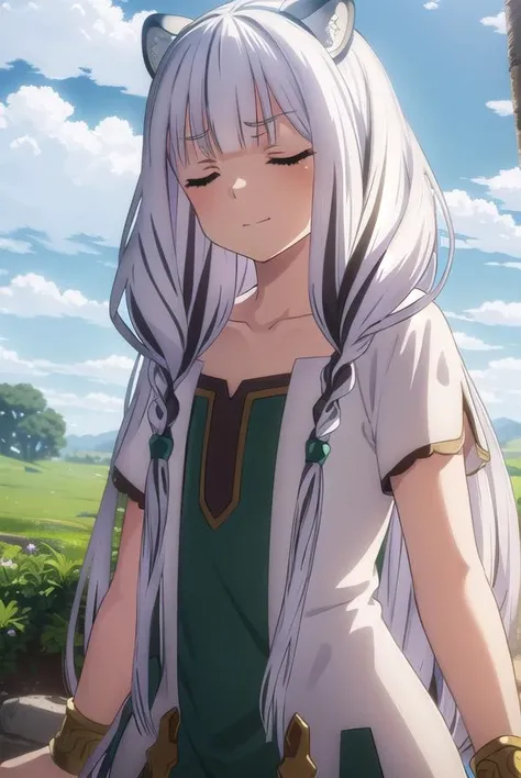 shieldatla, <lora:shield atla s3-lora-nochekaiser:1>,
atla, long hair, bangs, animal ears, very long hair, (closed eyes:1.5), braid, white hair, multicolored hair, twin braids, smile,
BREAK dress, collarbone, white dress, green dress, multicolored dress,
BREAK outdoors, forest, nature, sun, sky, clouds, grass, trees,
BREAK looking at viewer, (cowboy shot:1.5),
BREAK <lyco:GoodHands-beta2:1>, (masterpiece:1.2), best quality, high resolution, unity 8k wallpaper, (illustration:0.8), (beautiful detailed eyes:1.6), extremely detailed face, perfect lighting, extremely detailed CG, (perfect hands, perfect anatomy),