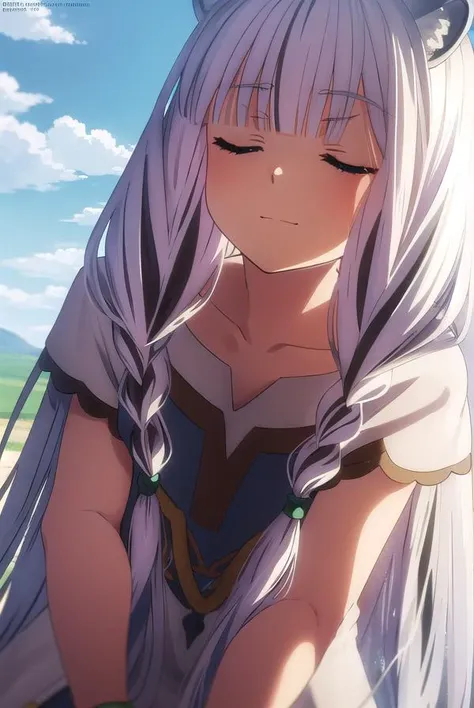 shieldatla, <lora:shield atla s3-lora-nochekaiser:1>,
atla, long hair, bangs, animal ears, very long hair, (closed eyes:1.5), braid, white hair, multicolored hair, twin braids, smile,
BREAK dress, collarbone, white dress, green dress, multicolored dress,
BREAK outdoors, forest, nature, sun, sky, clouds, grass, trees,
BREAK looking at viewer, (cowboy shot:1.5),
BREAK <lyco:GoodHands-beta2:1>, (masterpiece:1.2), best quality, high resolution, unity 8k wallpaper, (illustration:0.8), (beautiful detailed eyes:1.6), extremely detailed face, perfect lighting, extremely detailed CG, (perfect hands, perfect anatomy),