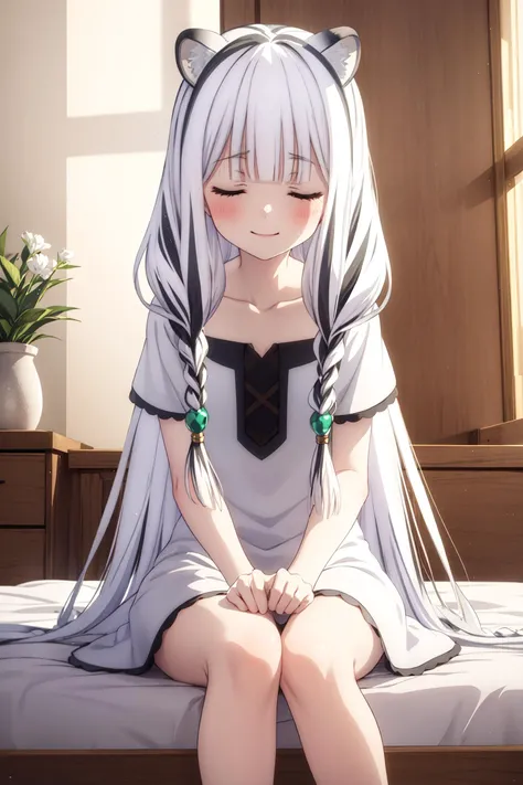 (masterpiece), (best quality), (ultra-detailed), photorealistic, (best illustration), (an extremely delicate and beautiful), 1girl, atla, long hair, hime cut, bangs, animal ears, (closed eyes:1.22), braid, white hair, multicolored hair, (twin braids), collarbone, [:(white dress:0.2):0.25], (((((green)) dress))), ((multicolored dress)), on back, on bed, white pillow, sleeping, from above, depth of field,  <lora:shield atla s3-lora-nochekaiser:1:lbw=INS_MIDD> standing, arms up, expressionless, ((dutch angle)) <lora:sanDka2:0.6>, :o, ((white short sleeves)), thighs, (spread legs:1), ((blush, nose blush)), cross-laced clothes,