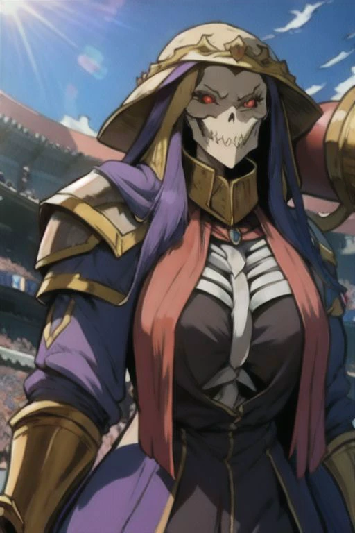 Person/Subject: (upper body:0.8), a skeleton with a helmet and a sword in his hand and a helmet on his head and a sword in his hand, 1boy, glowing, glowing_eyes, hood, looking_at_viewer, male_focus, red_eyes, skull, solo, teeth, upper_body
a skeleton in a skeleton suit holding a sword and a skull in a crown in a stadium with a stadium in the background, armor, (red eyes:1.1), (vertical pupils).
Action: Standing, fighting stance.
Style: (<lora:Shexyoart:0.6>).
Background: (((fire, sunshine, tombyard,))).
Quality: ((Highly detailed skin, highly detailed face, highly detailed pupils, highly detailed iris: 1.3)). Dynamic light, ultra-detailed, extremely detailed CG, micro-intricate (best quality:1.2), ((high resolution:1.2)), (masterpiece: 1.1), intricate detail, hyper-detailed, Highlight and shadow, volumetric lighting, highly detailed background,