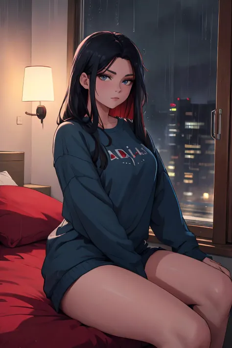 masterpiece, best quality, 8k, artstation, wallpaper, official art, splash art, sharp focus, beautiful woman, wearing comfy clothes. sitting by window, looking out window, at night. rainy night. ((in cozy bedroom)), (solo)