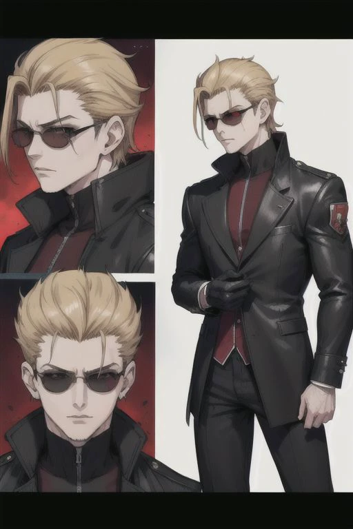 Person/Subject: upper body, european male, ((albertwesker:1.4)), muscular, short hair, yellow hair, (1boy), jacket, black gloves, coat, sunglasses, leather, (red eyes:1.2), vertical pupils, 
Action: Standing, walking, looking at viewer.
Color: Purple, black, yellow, white.
Style: ((( shexyo, concept art, AnaxusStyle, Kazuya Takahashi )). 
Background: (((night, science fiction, laboratory, zombie, horror:1.1, blood:1.4,))).
Quality: Dynamic light, ultra-detailed, extremely detailed CG, micro-intricate (best quality:1.2), ((high resolution:1.5))), (masterpiece: 1.3), sharp focus, (8K resolution:1.1), intricate detail, hyper-detailed, Highlight and shadow, volumetric lighting, highly detailed background, (((Highly detailed skin, highly detailed face, highly detailed pupils, highly detailed iris: 1.5))).