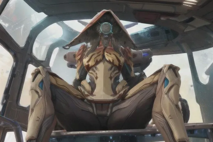 Ivara,large helmet,armor,large breasts, from below,sitting,solo,space cabin,indoors,science fiction, (insanely detailed, masterpiece, best quality),<lora:Ivara-10WFv8:0.8>,