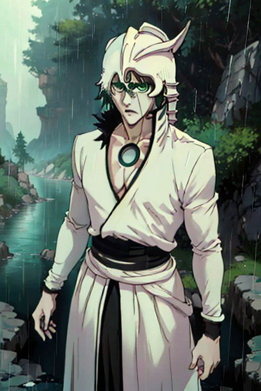 Person/Subject: ((<lora:ulquiorra_cifer:0.75>)), (((ulquiorra_cifer))), 1boy, ((male)), tall male, (((pale skin))), (((white skin))), japan clothe, upper body, white clothe, short hair, black hair, green eyes, dark green face tattoo lines, white clothe, black armor with fur, skeleton helmet, ((fur)).
Style: (AnaxusStyle, shexyoart). <lora:Espada_style-09:1>.
Background: (((mountain, river, water, wind, dessert, rain, forest))).
Quality: Dynamic light, ultra-detailed, extremely detailed CG, micro-intricate (best quality:1.2), ((high resolution:1.5))), (masterpiece: 1.3), sharp focus, (8K resolution:1.1), intricate detail, hyper-detailed, Highlight and shadow, volumetric lighting, highly detailed background.