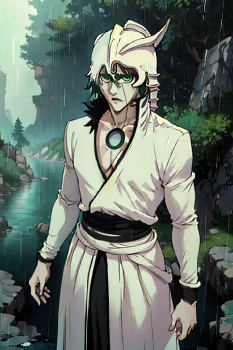 Person/Subject: ((<lora:ulquiorra_cifer:0.75>)), (((ulquiorra_cifer))), 1boy, ((male)), tall male, (((pale skin))), (((white skin))), japan clothe, upper body, white clothe, short hair, black hair, green eyes, dark green face tattoo lines,  white clothe, black armor with fur, skeleton helmet,  ((fur)).
Style: (AnaxusStyle, shexyoart). <lora:Espada_style-09:1>.
Background: (((mountain, river, water, wind, dessert, rain, forest))).
Quality: Dynamic light, ultra-detailed, extremely detailed CG, micro-intricate (best quality:1.2), ((high resolution:1.5))), (masterpiece: 1.3), sharp focus, (8K resolution:1.1), intricate detail, hyper-detailed, Highlight and shadow, volumetric lighting, highly detailed background.