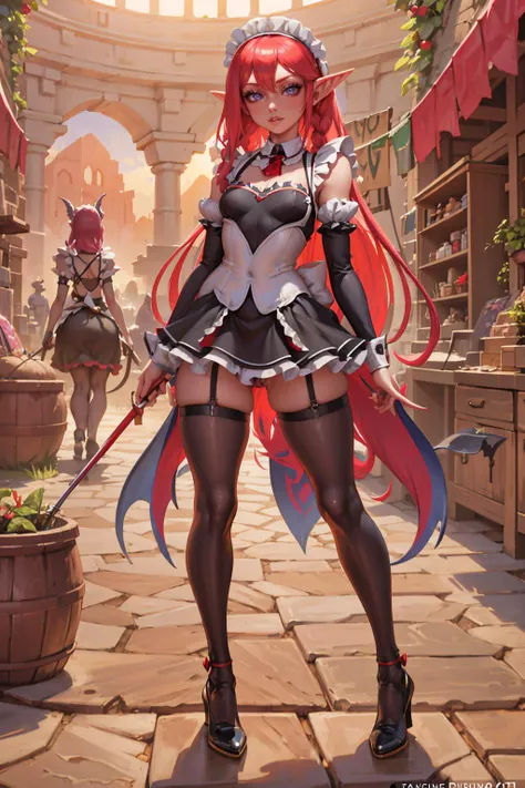 elf, (masterpiece), (best_quality), (ultra-detailed), (illustration), (welcoming), depth of field, 2girls, (model desertpunk maid:1.3), (in a  marketplace:1.3), (full body:1.4), iridescent crimson hair, twin braids, glowing slate gray eyes, [:creative costume design:0.2], , small breasts, wide hips, sexy slim perfect hourglass figure,, (wizard outfit, shoulder cutout:1.2), , official art, vivid color, finely detailed, hyper detailed, 8k, high resolution illustration, absurdres, intricate detail <lora:EnvyBeautyMix01:1>