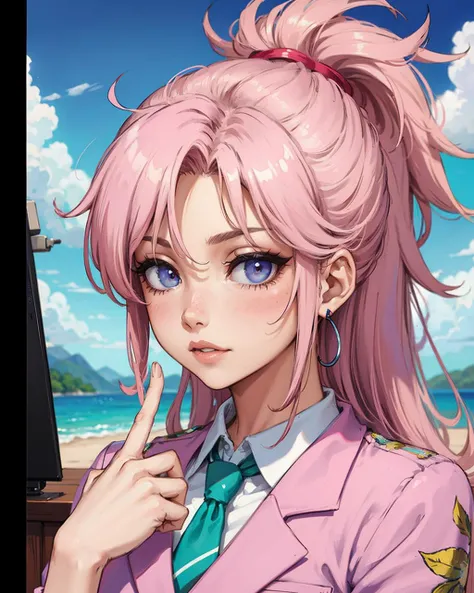 colorful, hand drawn, vibrant pastel colors, (Vaporwave aesthetic), Legend of Mana graphics, A half portrait of a 22 y.o Quebecoise woman looking at camera, wearing an ultra detailed textured pink corporate outfit with a tie
