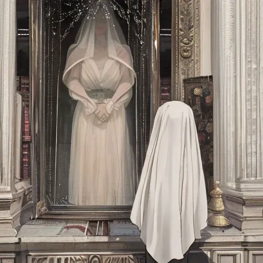 Replicate the meticulous detail and style of Ren Magritte's "The Lovers" (1928). Their faces are entirely obscured by white cloths, veils that cascade down their faces. Focus on capturing the subtle textures of the fabric, the way it drapes and folds.
