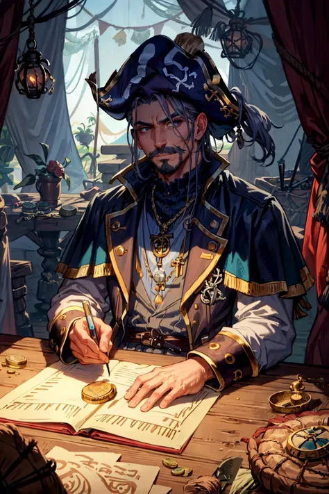 (masterpiece:1.2), (best quality:1.2),
(1man, wrinkled face, old welsh male:1.2), grey-blue eyes, auburn fade with mustache,
portrait, looking at viewer, solo, (full body:0.6), detailed background, close up, (<lora:style_piratepunkai_v10:0.3>, piratepunkai, tropical caribbean pirate, piracy theme:1.1), fortune teller, smirk, foreboding, sitting at table, colorful ruffled gypsy fortune teller clothes, striped clothes, coins, (melted candles on table:0.8), medieval (tent interior:1.1) background, tent curtains in background, dark mysterious lighting, shadows, magical atmosphere,
<lora:style_generalIllustrationLora_lycoSafetensors:0.8>,