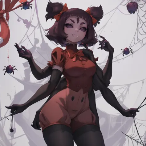 highres, sharp focus,((intricate details)), highly detailed,<lora:Style-add_detail:1>,HD quality, (best quality), ((masterpiece)), vibrant colors, 1girl,muffet,(muffetwear), monster girl,((purple body:1.3)),humanoid, arachnid, anthro,((fangs)),pigtails,hair bows,5 eyes,spider girl,6 arms,solo,clothed,6 hands,detailed hands,((spider webs:1.4)),bloomers,red and black clothing, armwear, <lora:muffetv3:1>, Masterpiece, best quality, highres