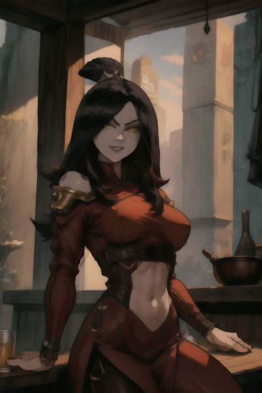 Person/Subject: Atlajune, royalty, muscular female, (romantic), military uniform armor, pale white skin, open abdomen, expressive facial features, yellow eyes, black hair, long hair, shoulder plates, medium breasts, athletic female, tight clothe, hourglass figure, flexible.
Dark-red, purple, white.
Style: , shexyoart:0.4.
Action: smiling, sitting at the bar drinking a beer, taking a combat stance, looking at viewer.
Background: ((steampunk)), military, inside tavern, fire nation.
(complex detailed background)
Quality: ((Highly detailed skin, highly detailed face, highly detailed pupils, highly detailed iris: 1.1)),, (((High resolution:1.1))), dynamic light, ultra-detailed, extremely detailed CG, micro-intricate (best quality: 1.2), , (masterpiece: 1.1), intricate detail, hyper-detailed, Highlight and shadow, volumetric lighting, highly detailed background,