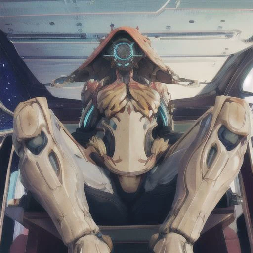 Ivara,large helmet,armor,large breasts,from below,sitting,gold throne,solo,space cabin,indoors,science fiction, (insanely detailed, masterpiece, best quality),<lora:Ivara-10WFv8:0.8>,
