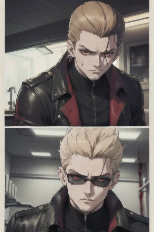 Person/Subject: upper body, european male, ((albertwesker:1.4)), muscular, short hair, yellow hair, (1boy), (black long jacket), black gloves, coat, sunglasses, leather, (red eyes:1.5), (vertical pupils), 
Action: Standing, walking, looking at viewer.
Color: Purple, black, yellow, white.
Style: ((( shexyo, concept art, AnaxusStyle, Kazuya Takahashi )). 
Background: (((night, science fiction, laboratory, zombie, horror:1.1, blood:1.4,))).
Quality: Dynamic light, ultra-detailed, extremely detailed CG, micro-intricate (best quality:1.2), ((high resolution:1.5))), (masterpiece: 1.3), sharp focus, (8K resolution:1.1), intricate detail, hyper-detailed, Highlight and shadow, volumetric lighting, highly detailed background, (((Highly detailed skin, highly detailed face, highly detailed pupils, highly detailed iris: 1.5))).