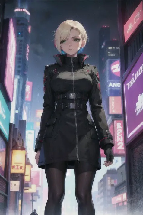 masterpiece,german 1girl, solo focus, tall female, short hair, multicolored hair, green eyes, jewel like eyes, medium breasts, black coat, white shirt, accessories, city background, futuristic city, night, rain, moody,cyberpunk,