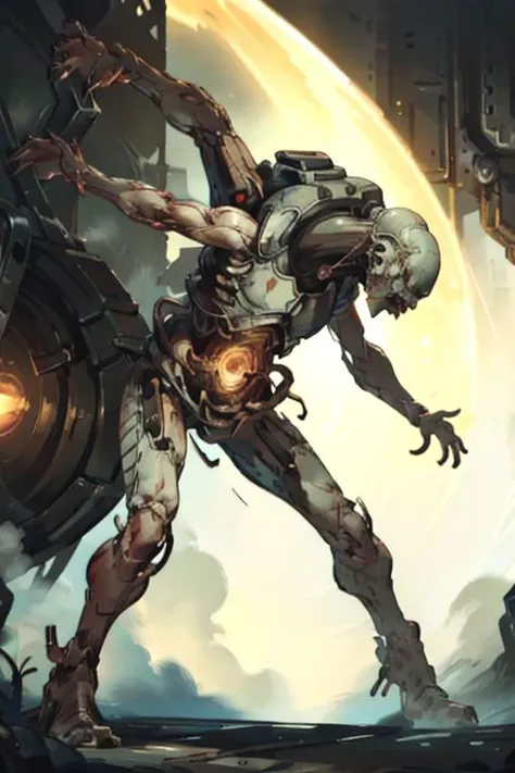 Person/Subject: Massive mech, Boss insectoid, , shoots beams, sharp claws, energy web, engine, side view.
White, red, yellow colors.
Style: scornstyle, bones, tentacles, bio mechanical.
Action: galaxy, firing, side view, fighting in space.
Background: evil atmosphere, horror.
(complex detailed background)
Quality: Dynamic light, ultra-detailed, extremely detailed CG, micro-intricate (best quality: 1.2), ((high resolution:1.2)), (masterpiece: 1.1), intricate detail, hyper-detailed, Highlight and shadow, volumetric lighting, highly detailed background,