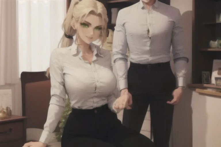 An attractive private anime psychologist, very long blonde ponytail, looks at you (with canthal tilt light green eyes), wide smile, white shirt and (black fitting trousers:1.05) (in a private psychologist antique wooden office) Sexual legs crossed with high heels.