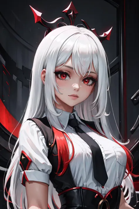 Highly detailed, High Quality, Masterpiece, beautiful, solo, 1girl, white hair, red eyes, long hair, shirt, white shirt, upper body, <lora:DipDyedHair:1>, red IncursioDipDyedHair