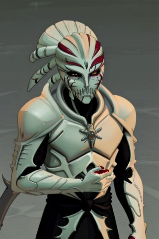 upper body, (salem, long hair, (red eyes:1.2), white hair, facial mark, colored sclera, forehead mark, (black sclera:1.5), humanoid monster, espada, monster:1.1, claws:0.8, red eyes, red long slavic clothes,  standing, hollowfication:1.2, looking at viewer,  masterpiece:1.1, best quality,  bleach style, highlight and shadow, dynamic light, volumetric lighting, highly detailed background:1.2,[  darkness : horror : hollow : 5], (by Kentaro Miura, by Tito Kubo),