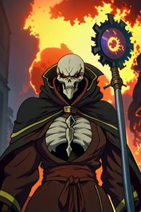 Person/Subject: ((upper body:1.1)), <lora:Ainz2ep4re:1>, monster, skeleton, ((1boy)), glowing, glowing_eyes, looking_at_viewer, male_focus, red_eyes, skull, solo, teeth,
nazgul mantle, black robe, shoulder armor, (red eyes:1.1), (vertical pupils).
Action: Standing, fighting stance.
Style: (<lora:Shexyoart:0.6>).
Background: (((fire, sunshine, tombyard,))).
Quality: ((Highly detailed skin, highly detailed face, highly detailed pupils, highly detailed iris: 1.3)). Dynamic light, ultra-detailed, extremely detailed CG, micro-intricate (best quality: 1.2), ((high resolution:1.2)), (masterpiece: 1.1), intricate detail, hyper-detailed, Highlight and shadow, volumetric lighting, highly detailed background,