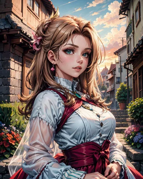 isometric, (masterpiece:1.2, best quality:1.2, beautiful, high quality, highres:1.1, aesthetic), detailed, extremely detailed, ambient soft lighting, 4K, perfect eyes, perfect face, perfect lighting, Beautiful (Aeris) bombshell from Final Fantasy VII, gorgeous face, (detailed facial features), green eyes, long light brown hair, ultra detailed texture pink dress, ultra detailed texture red bolero jacket (hair ornaments, earrings, flowers hair ornaments), outdoors, heaven, clear blue sky, white clouds, broad light, backlighting, bloom, light sparkles, chromatic aberration, <lora:lihui4JXK-b2-bf16-128-128-1-re1-ep3-768-DA-5015fix:0.8>, <lora:add_detail:0.6>
