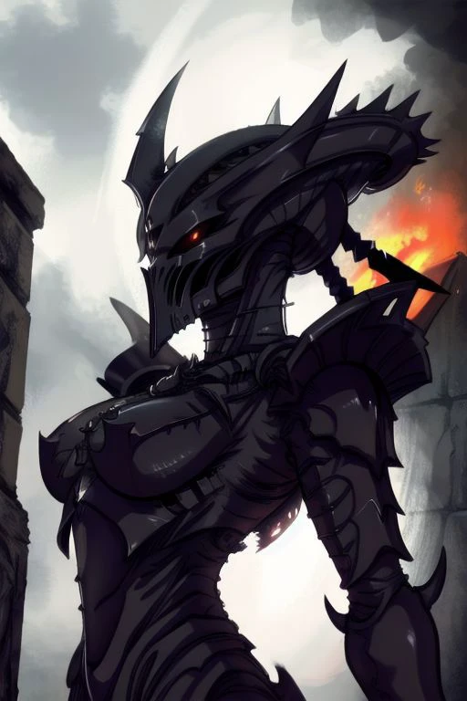 upper body:1.5, (Sauron, humanoid monster, tall, slender,), (black armor, claws, helmet, cape, short horns, dreads, xeno), standing, front side, looking at viewer,  masterpiece, best quality,  ultra high resolution, ultra-detailed, photography, 8K, intricate detail,  hyper-detailed, bleach style, highlight and shadow, volumetric lighting, highly detailed background:1.2,[ fire : smoke : fortress : horror : dark sky : 5], (by Kentaro Miura),