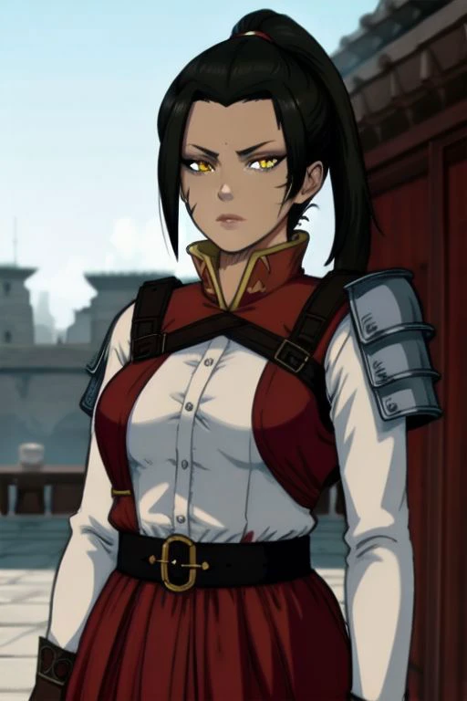 upper body:1.1, (azula, female, medium breasts, black hair, side ponytail, tiara, scar on face, scar across eye, yellow eyes,), (gloves, armor, shoulder patch, bulletproof vest, military,), standing, looking at viewer,  masterpiece, best quality,  ultra high resolution, ultra-detailed, photography, 8K, intricate detail,  hyper-detailed, bleach style, highlight and shadow, volumetric lighting, highly detailed background:1.2,[  darkness : horror : hollow : 5], (by Kentaro Miura),