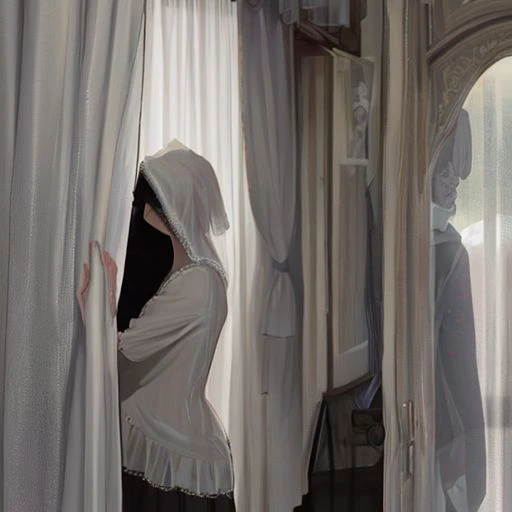 Replicate the meticulous detail and style of Ren Magritte's "The Lovers" (1928). Their faces are entirely obscured by white cloths, veils that cascade down their bodies. Focus on capturing the subtle textures of the fabric, the way it drapes and folds.