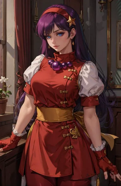 (masterpiece:1.2, best quality:1.2, beautiful, high quality, highres:1.1, aesthetic), detailed, extremely detailed, ambient soft lighting, 4K, perfect lighting,
<lora:GAME_asamiya_athena:0.8>, asamiya_red_top_ownwaifu,hairband,long hair,red hairband,fingerless gloves,gloves,jewelry,purple hair,star (symbol),hair ornament,purple eyes,star hair ornament,breasts,necklace,earrings,short sleeves,dress,puffy sleeves,red gloves,puffy short sleeves,sash,pants,red dress,bangs,