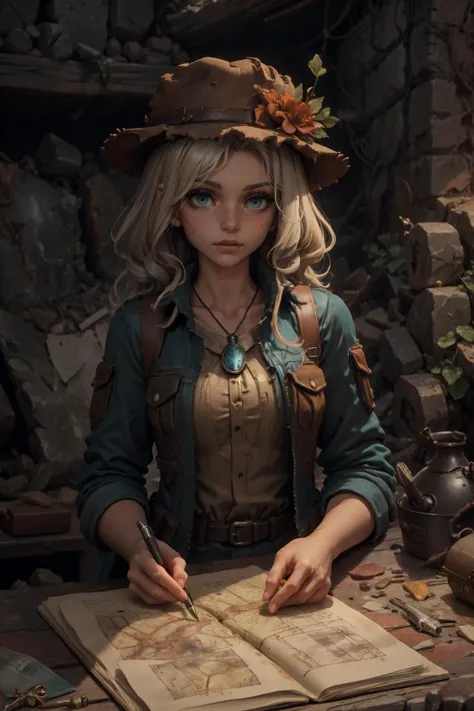 (masterpiece:1.2), (best quality:1.2), <lora:add_detail_v5:1>, <lora:stylesqueeze_v1b:1.0>, <lora:anime3d:0.75>, scg, <lora:stylized3DModelLora_v20:0.2>,
1 girl, adult (elven:0.7) woman, freckles, teal eyes, platinum blonde twin drills hair,
solo, half shot, detailed background, detailed face, (indiana jones theme:1.1), adventurer, exploring, stoic, rugged leather clothes, vest, explorer hat, pendant, holster, treasure map, (abandoned:0.7) ancient ruins background, vines, dim light, occult, dark cinematic atmosphere,