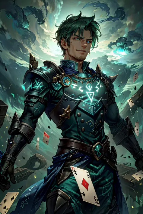 (masterpiece:1.2), (best quality:1.2),
(1man, muscular, adult italian male:1.2),  light blue eyes, copper comb over,
portrait, solo, half shot, detailed background, detailed face, (<lora:style_GlowingRunesAI:0.8>, glowingrunesai, glowing runes theme:1.1), smirk], (glowing eyes:1.1), (card-wizard:1.05),  light green magician outfit, dynamic pose, (cards floating in the air:1.15),  colorful ribbons in background,  ethereal atmosphere,
<lora:style_zaunT_zaunV1:0.3>,