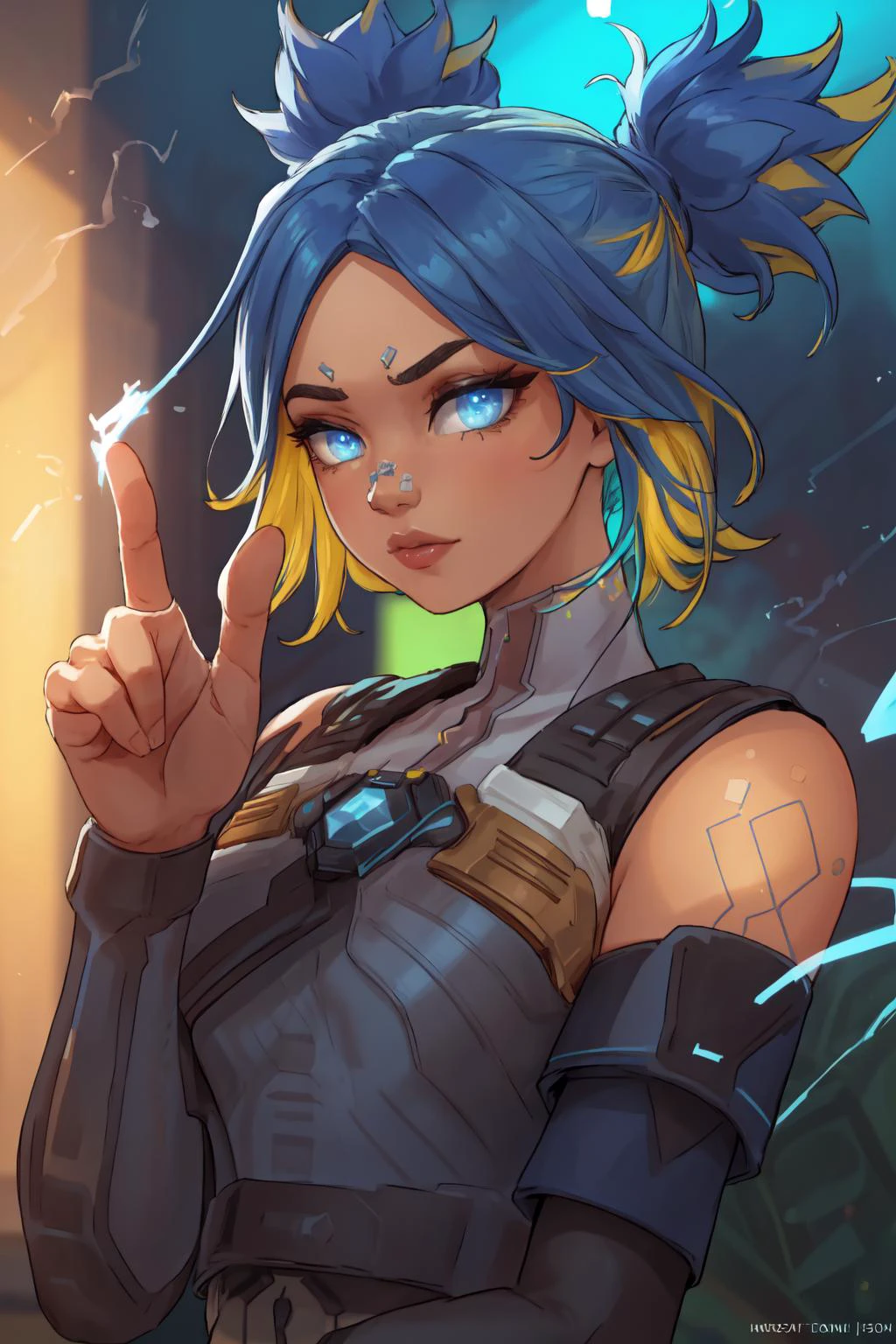 Highly detailed masterpiece, vivid coloring, <lora:neon-10:0.8> neonfx, neon_valorant, band aid on face, pretty face, perfect facial features, tan skin, blue hair in pigtails, yellow highlights, HairDetail, beautiful finely detailed eyes, electric blue eyes, EyeDetail, intricately designed bodysuit, finger_gun, pointing at viewer, unique pose, dynamic angle, (neon blue lighting coming from her fingertip:1.3), blue lighting effects around hair and fingers, OverallDetail