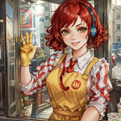 masterpiece, best quality,  a ronaldchan, makeup, (short curly red hair), (yellow gloves, striped thighhighs, striped sleeves), inside the drive-thru window, headset, smiling, close up, extremely detailed<lora:Drive-Thru Window Operator:1> <lora:McDonaldChan_characeter-20:0.35>