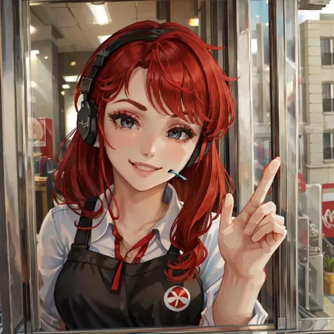 masterpiece, best quality,  a ronaldchan, makeup, red hair, inside the drive-thru window, headset, smiling, close up, extremely detailed<lora:Drive-Thru Window Operator:1> <lora:McDonaldChan_characeter-20:0.2>