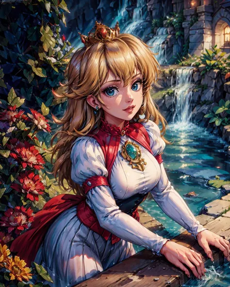 1girl, isometric, shot from above, takada akemi, Beautiful <lora:peach:0.6> Instagram bombshell MILF, gorgeous face, (detailed facial features), in the water, huge breasts, pool, wet, drenched, looking at camera, Toad, mushrooms, best quality masterpiece, photorealistic, detailed, 8k, HDR, shallow depth of field, broad light, high contrast, backlighting, bloom, light sparkles, chromatic aberration, sharp focus, RAW color photo, <lora:lihui4JXK-b2-bf16-128-128-1-re1-ep3-768-DA-5015fix:0.8>,  <lora:add_detail:0.6>, <lora:takada_akemi_offset:0.8>