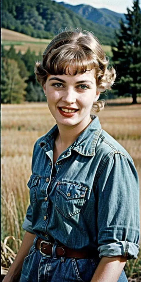 (((Ultra-HD-realistic-quality-details, first-person-pov))) 1girl, hillbilly, america-1960-era, getting-photographed-by-viewer, old-vintage-movie-scene, outdoors, cinematic