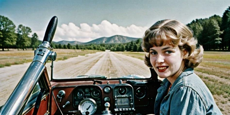 (((Ultra-HD-realistic-quality-details, first-person-pov))) 1girl, hillbilly, america-1960-era, riding-an-old-motorcycle, old-vintage-movie-scene, outdoors, cinematic