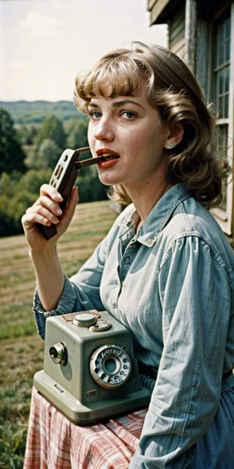 (((Ultra-HD-realistic-quality-details, first-person-pov))) 1girl, hillbilly, america-1960-era, using-telephone-with-dial-plate, old-vintage-movie-scene, outdoors, cinematic